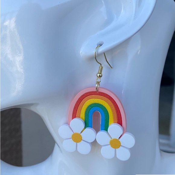 Colorful Rainbow Earrings with Flower Clouds. New Without Tags. - Picture 2 of 7